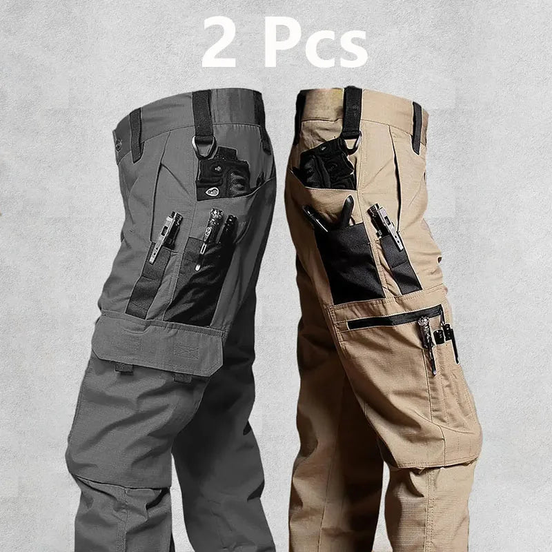 2Pcs Men's Tactical Pants Outdoor Work Casual Cargo Trousers Waterproof Multi-pocket Wear-Resistant Outdoor Training Trousers