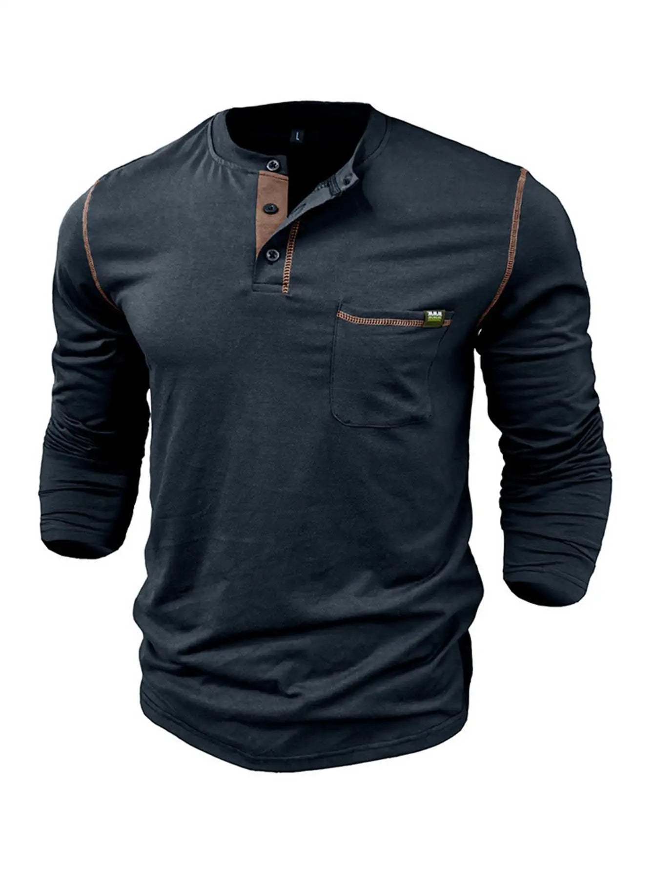 Men's Long Sleeve Color Block Knit T-Shirt with Patch Pocket