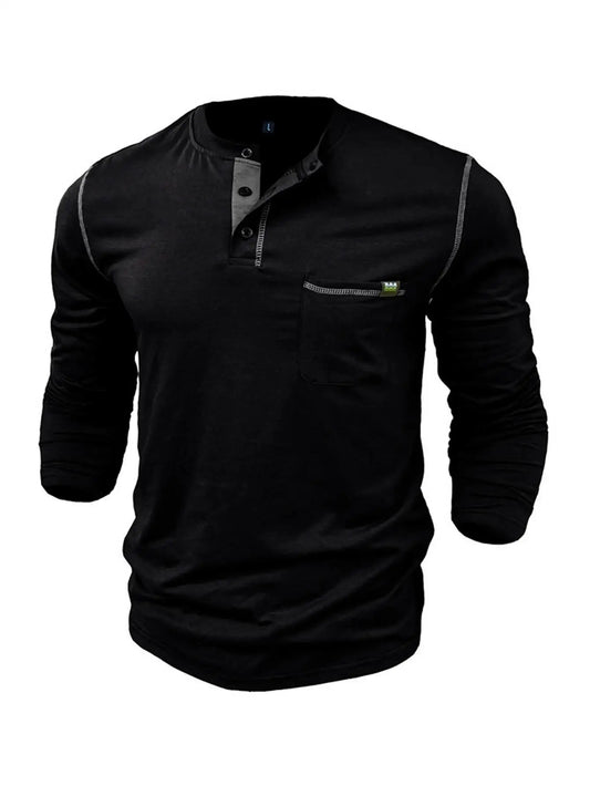 Men's Long Sleeve Color Block Knit T-Shirt with Patch Pocket