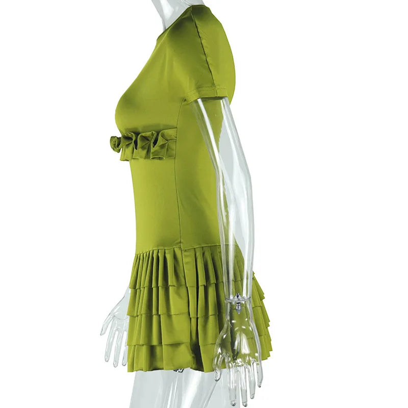 CMYAYA Women Short Sleeve O Neck Ruched Ruffles Mini Dress