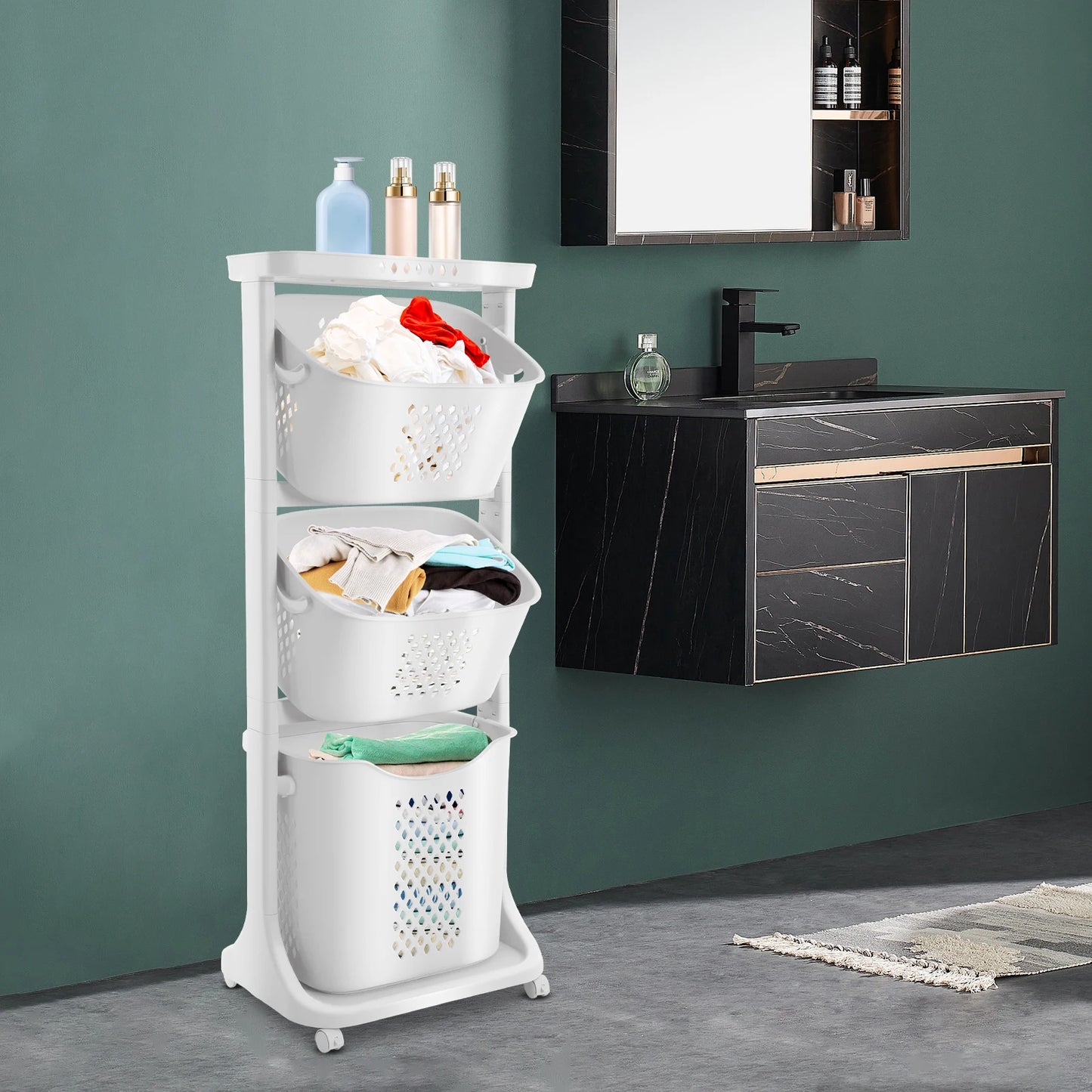 Three-Layer Rolling Laundry Basket for Efficient Home Organization