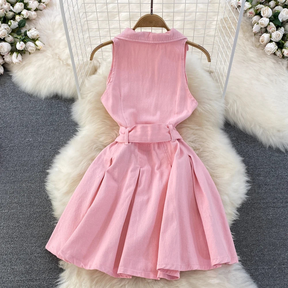 Youth Denim Dress V Neck With Belt Pleated Girls Style