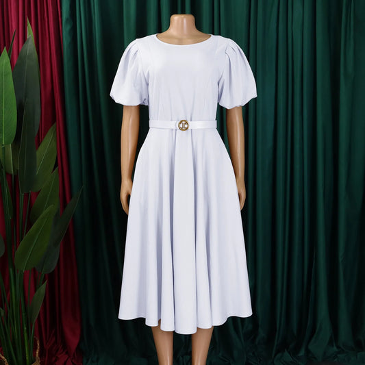 African Women O Neck Short Sleeve Belted Pleated Midi Dress