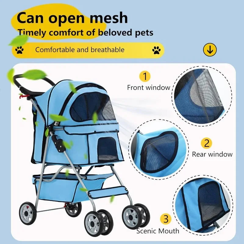 Comfortable 4-Wheel Pet Stroller with Removable Liner and Cup Holder