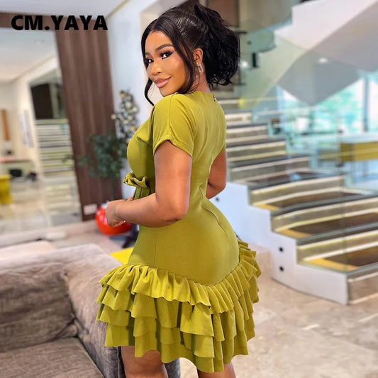 CM.YAYA Women Short Sleeve O-neck Ruffles Ruched Mini Dress 2025 Summer Sweet Girl Stacked Party Evening Night Club Chic Dresses