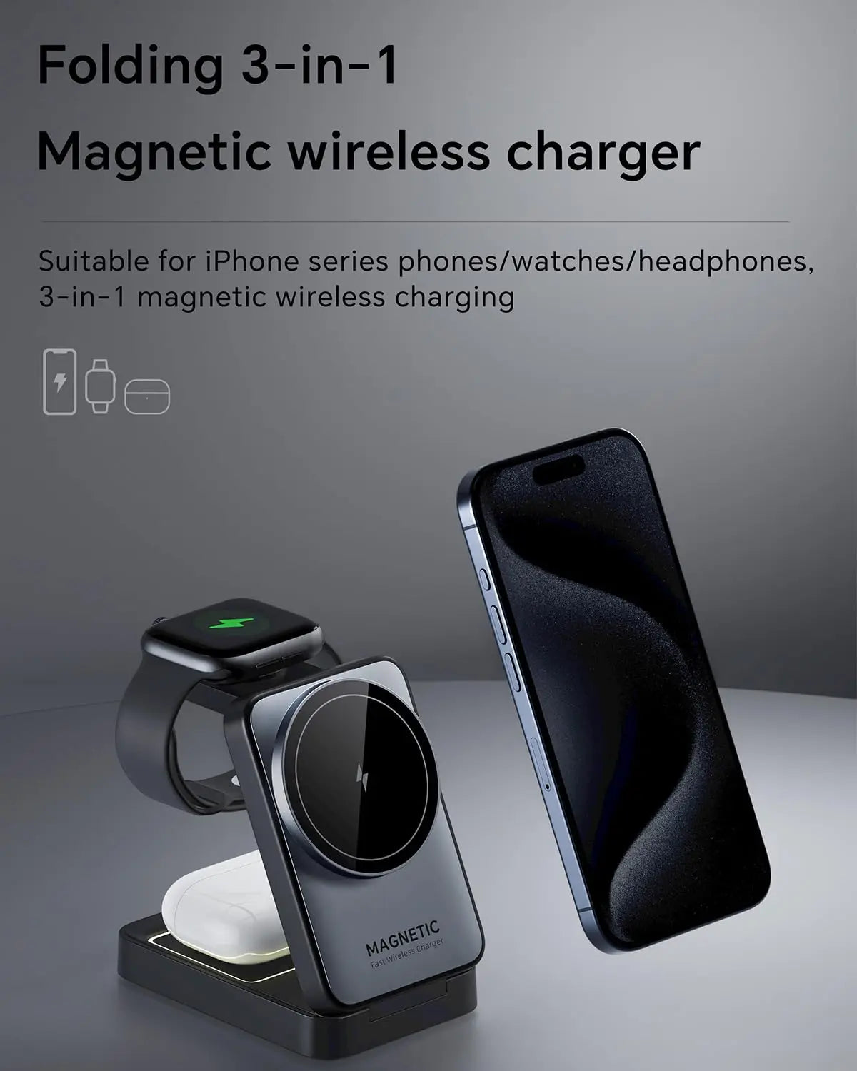 Foldable Magnetic 3 in 1 Wireless Charger with Light for Apple Devices