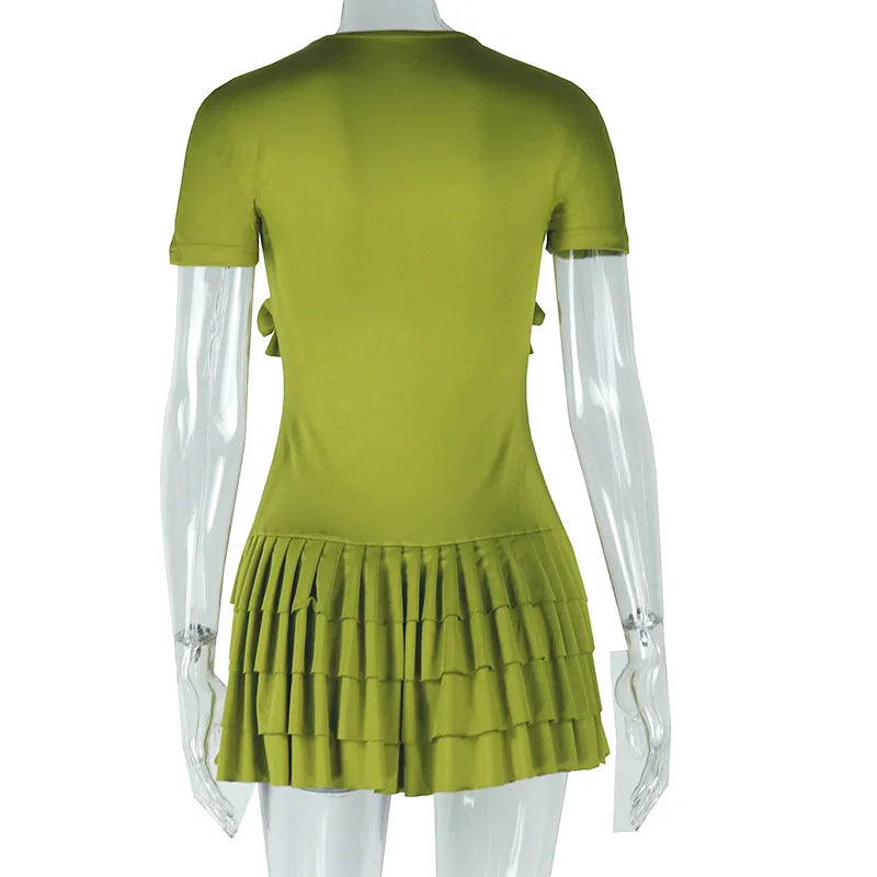 CMYAYA Women Short Sleeve O Neck Ruched Ruffles Mini Dress