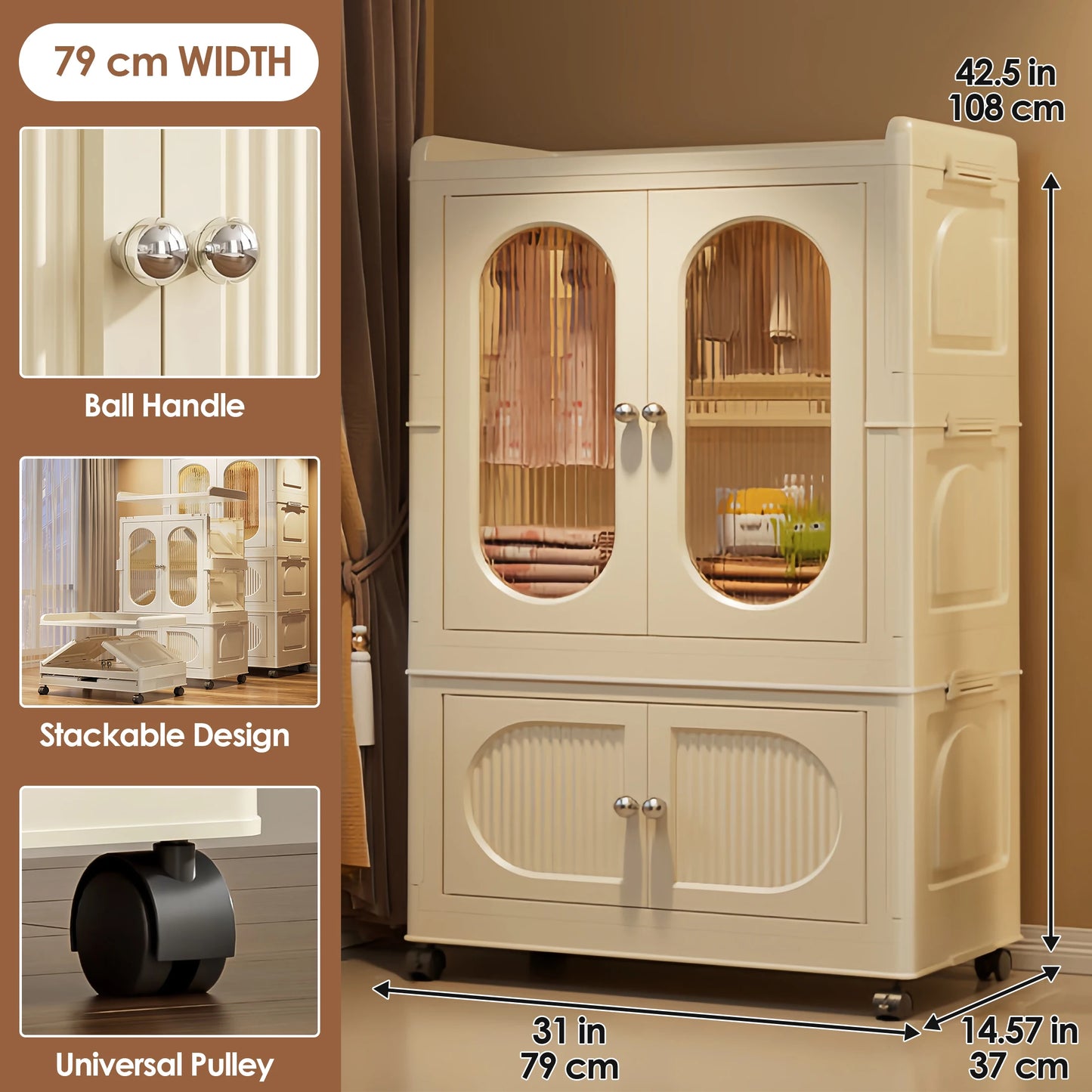 Foldable Kids Wardrobe Storage Cabinet with Magnetic Doors and Wheels