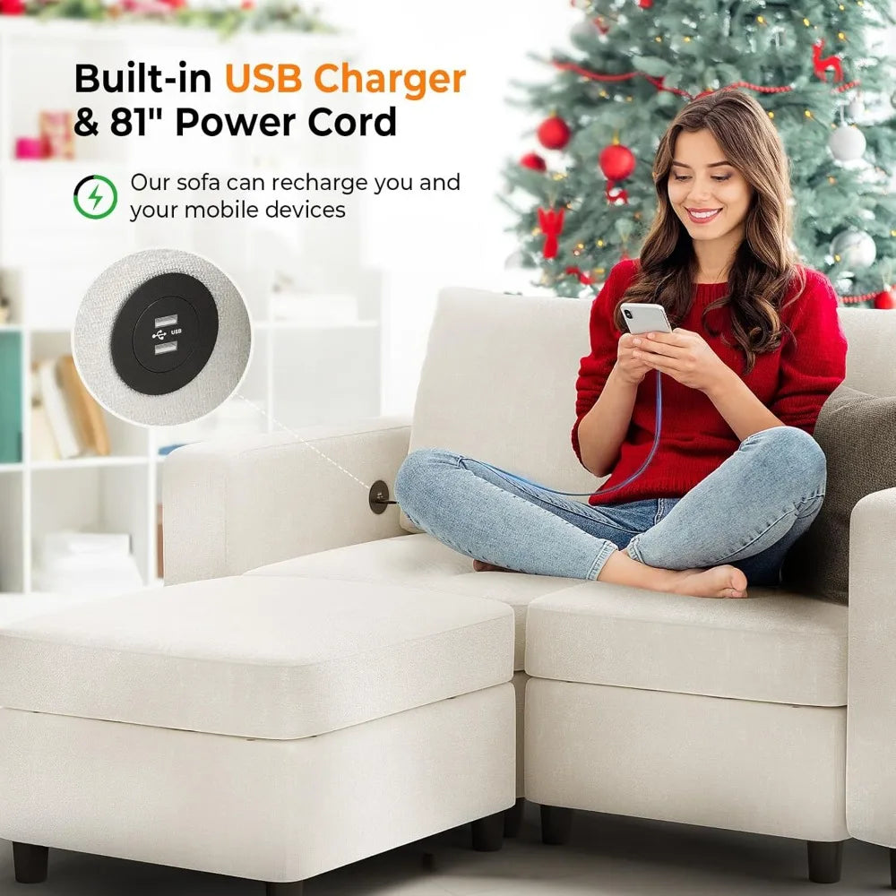 Modern Chenille Modular Sectional Sofa with Storage and USB Chargers