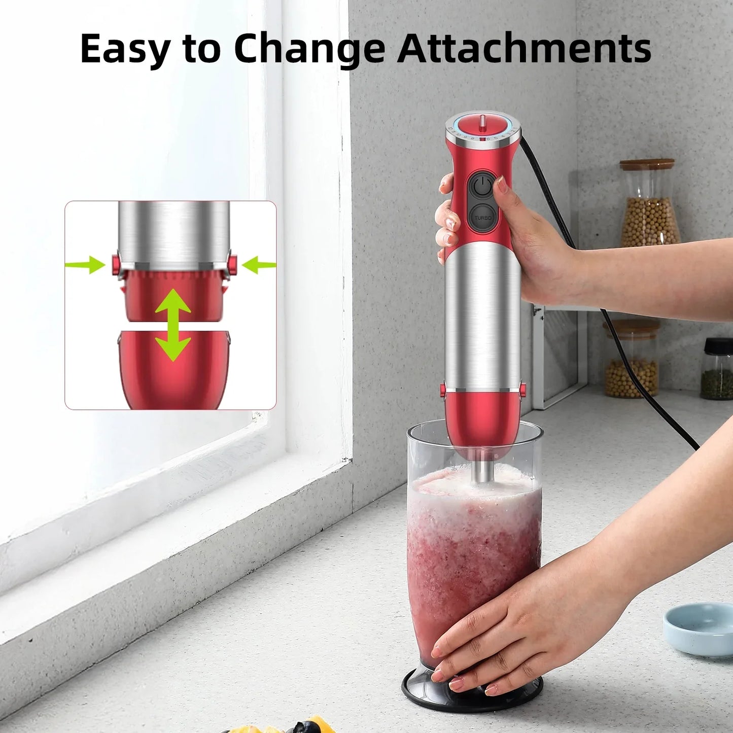 Handheld Kitchen Blender 5-in-1 1000W 12-Speed Multi-Purpose Stick Blender for Food Soups Purees and Cakes