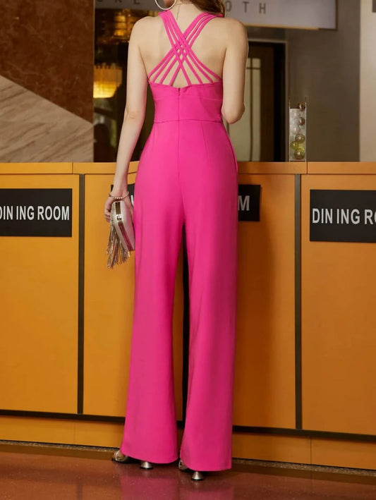 Women's V-neck Lace-up Solid Jumpsuit for Office Style