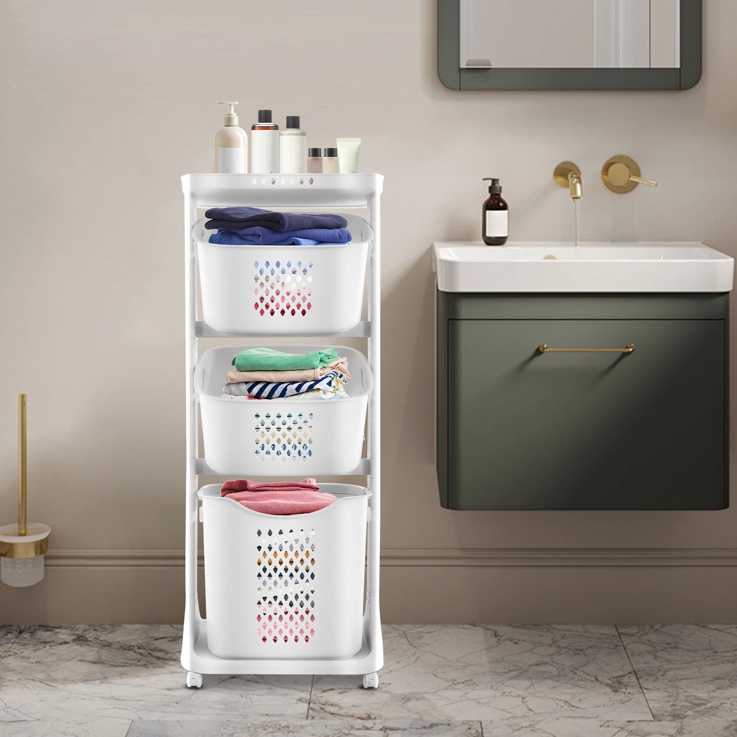 Three-Layer Rolling Laundry Basket for Efficient Home Organization