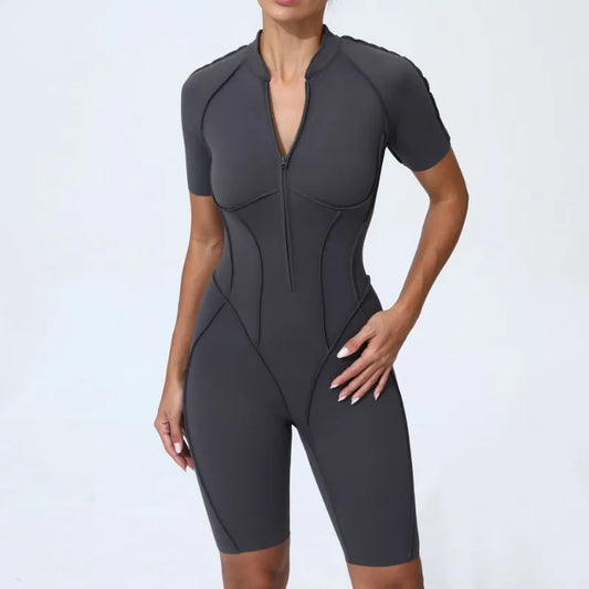 Zipper Short Sleeve Fitness Jumpsuit for Women Gym Workouts
