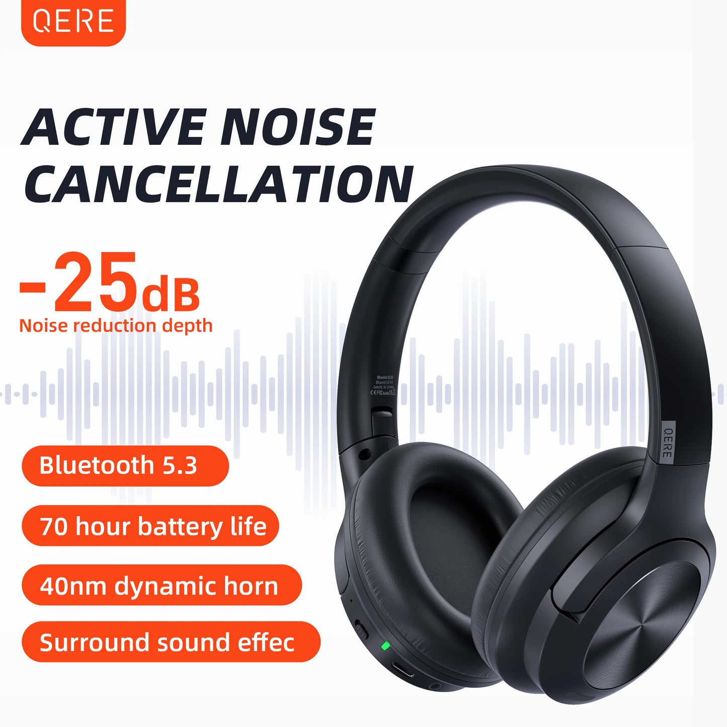 Wireless Bluetooth Headset QERE E80 Earphone 5.3 ANC Noise Cancellation Hi-Res Audio Over Ear Headphones 70H 40mm Driver 2.4G