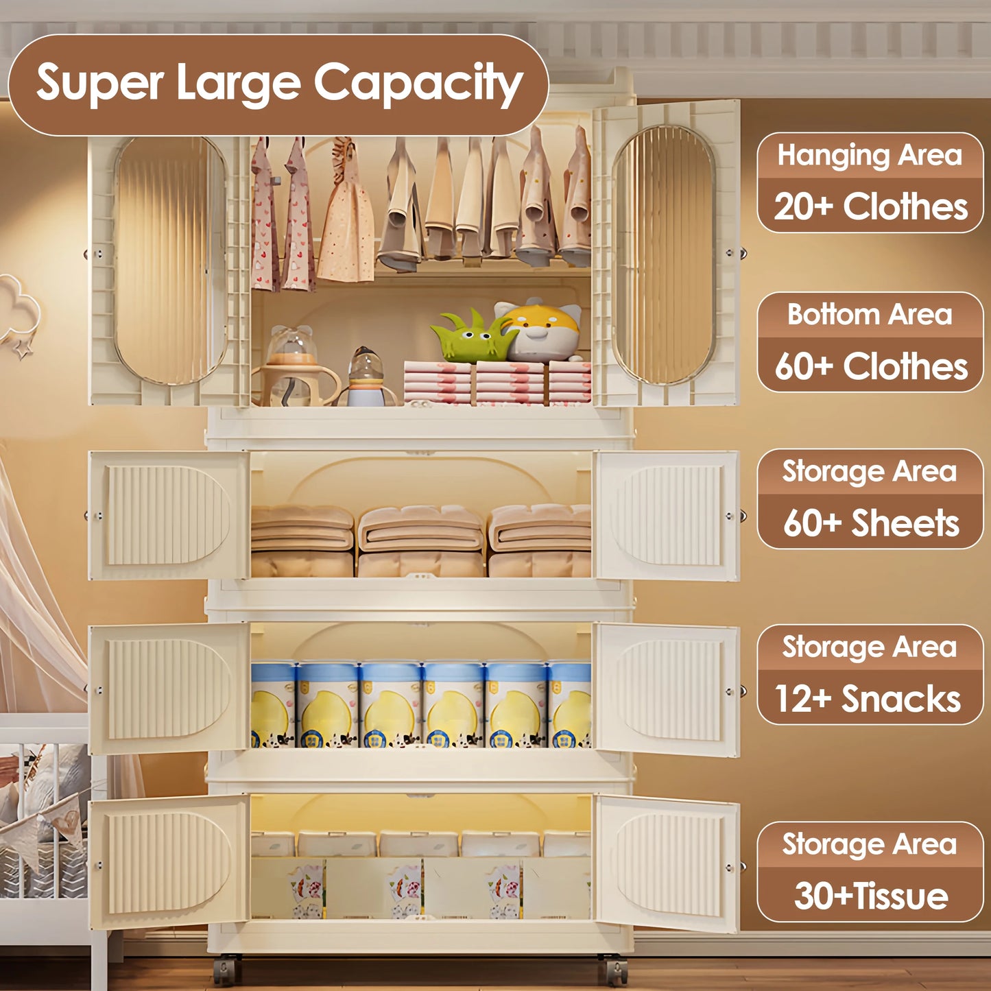 Foldable Kids Wardrobe Storage Cabinet with Magnetic Doors and Wheels