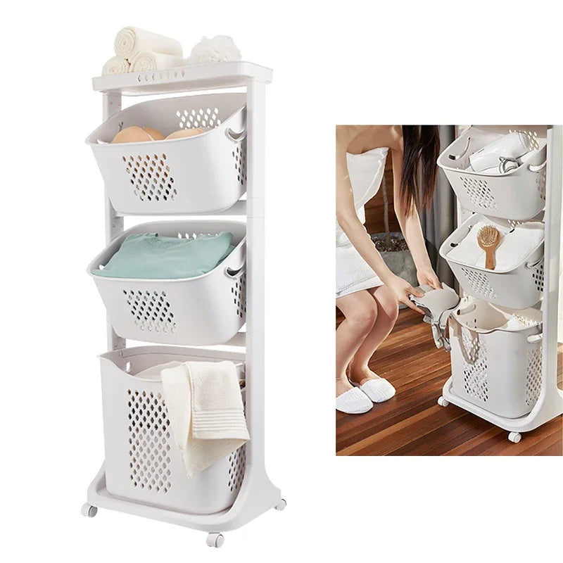 Three-Layer Rolling Laundry Basket for Efficient Home Organization