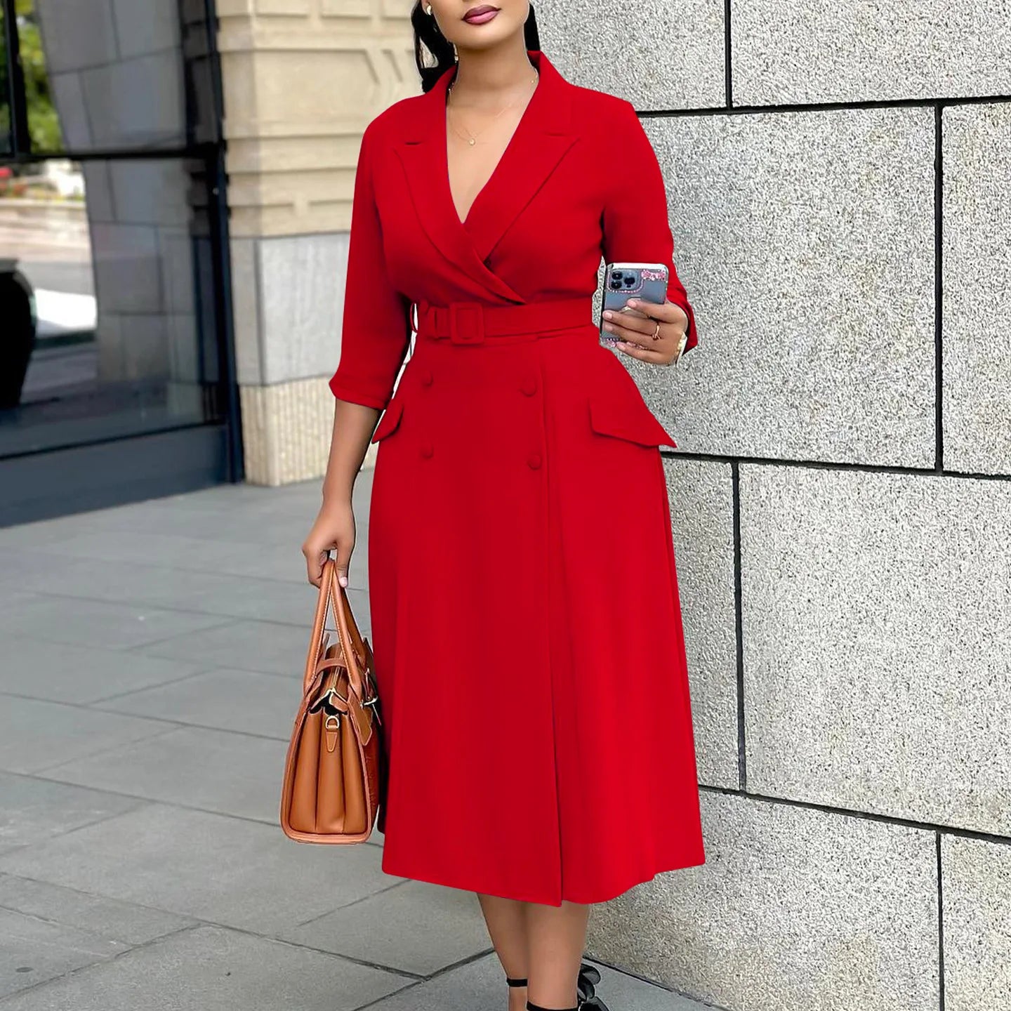 Notched Neck Elegant Midi Dress With Belt For Work Party