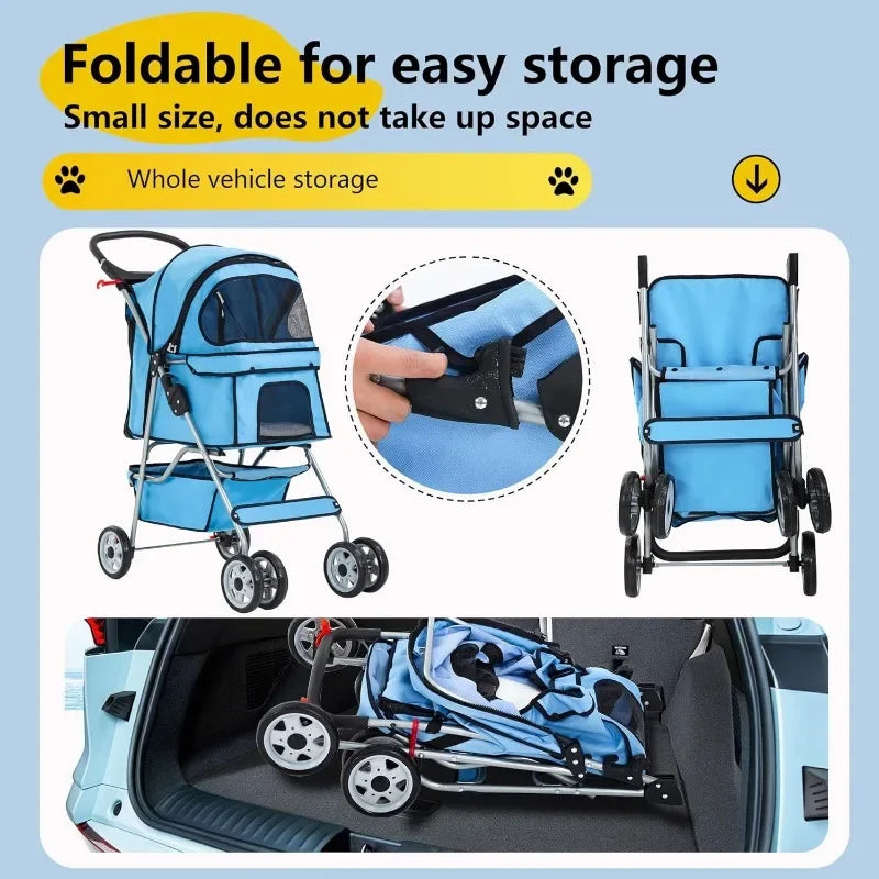 Comfortable 4-Wheel Pet Stroller with Removable Liner and Cup Holder