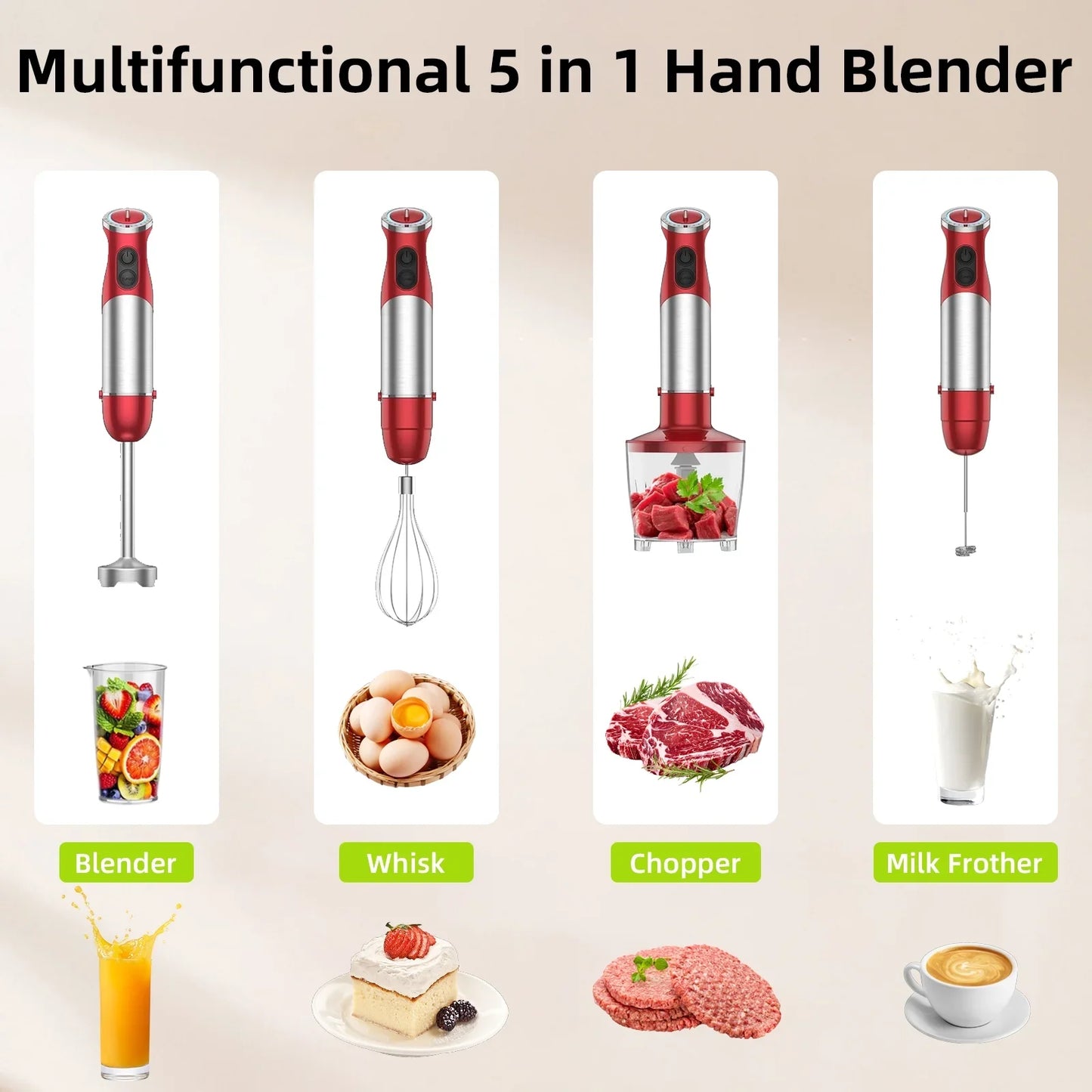 Handheld Kitchen Blender 5-in-1 1000W 12-Speed Multi-Purpose Stick Blender for Food Soups Purees and Cakes