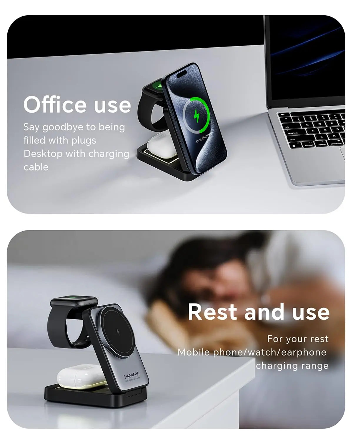 Foldable Magnetic 3 in 1 Wireless Charger with Light for Apple Devices