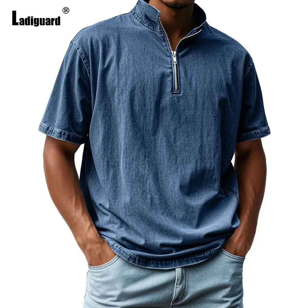 2025 Europe Fashion Zipper Fly Tops Men Short Sleeve Board T-shirt Solid Khaki Basic Vest Mens Casual Beach Shirts Pullovers New