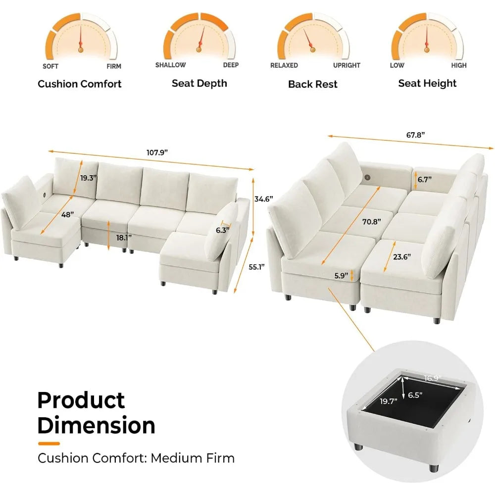 Modern Chenille Modular Sectional Sofa with Storage and USB Chargers