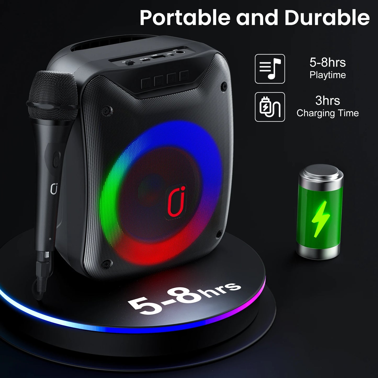 FanFun Karaoke Machine Portable Bluetooth Speaker with Microphone and LED Light