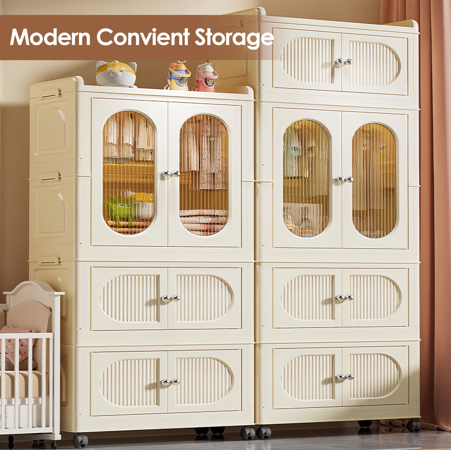 Foldable Kids Wardrobe Storage Cabinet with Magnetic Doors and Wheels