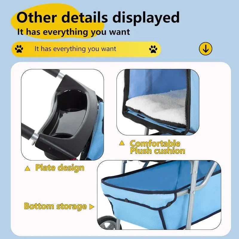 Comfortable 4-Wheel Pet Stroller with Removable Liner and Cup Holder