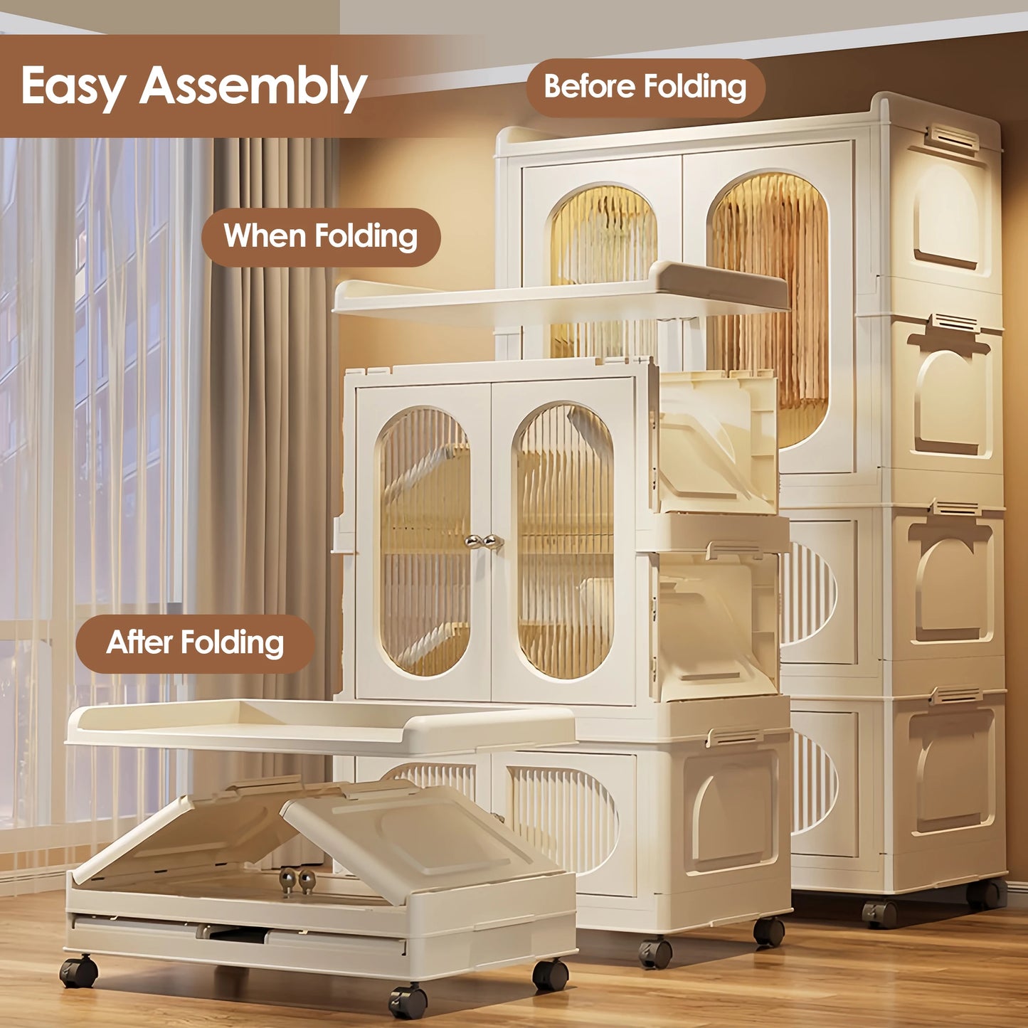 Foldable Kids Wardrobe Storage Cabinet with Magnetic Doors and Wheels