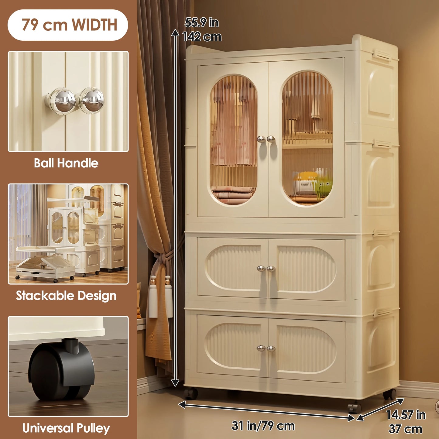 Foldable Kids Wardrobe Storage Cabinet with Magnetic Doors and Wheels