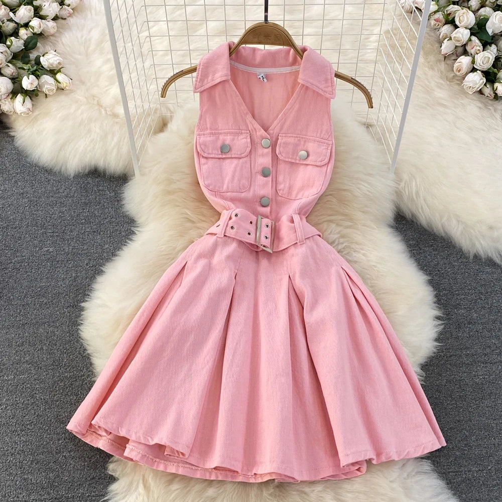 Youth Denim Dress V Neck With Belt Pleated Girls Style