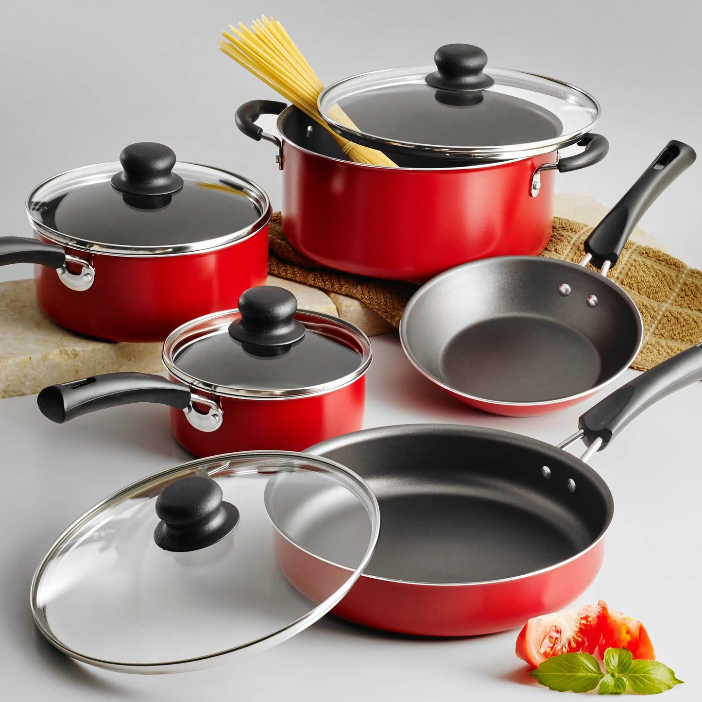 Beautiful and Practical 9-Piece Nonstick Cookware Set in Red for Everyday Kitchen Use