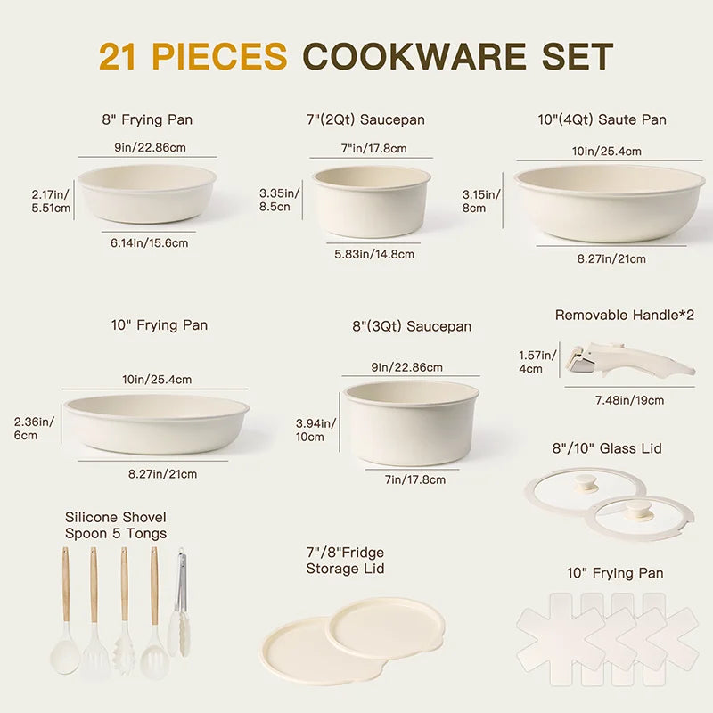 21 Piece Pots and Pans Set Non-Stick Astercook Ceramic Cookware with Sensor Handles Milky White