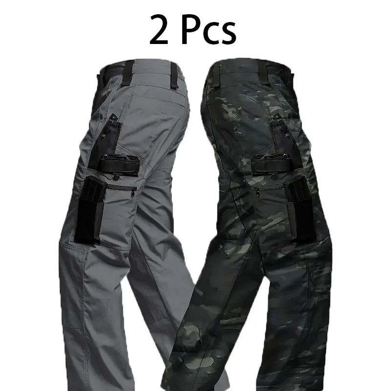 2Pcs Men Tactical Pants Multiple Pockets Training Pants Camo Work Pants Outdoor Sports Trousers Pants