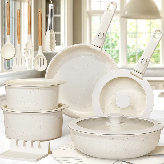 21 Piece Pots and Pans Set Non-Stick Astercook Ceramic Cookware with Sensor Handles Milky White