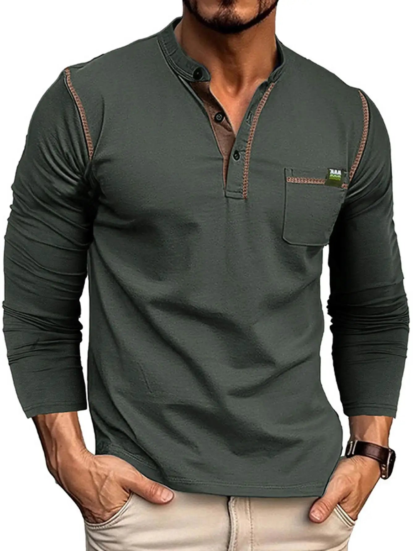 Men's Long Sleeve Color Block Knit T-Shirt with Patch Pocket