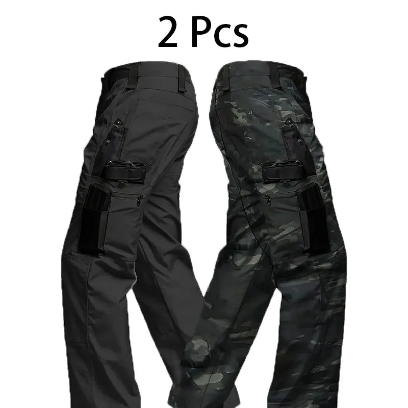 2Pcs Men Tactical Pants Multiple Pockets Training Pants Camo Work Pants Outdoor Sports Trousers Pants