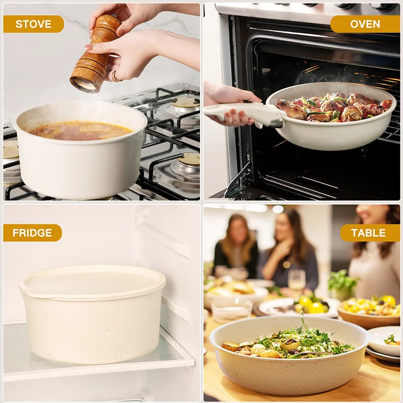 21 Piece Pots and Pans Set Non-Stick Astercook Ceramic Cookware with Sensor Handles Milky White
