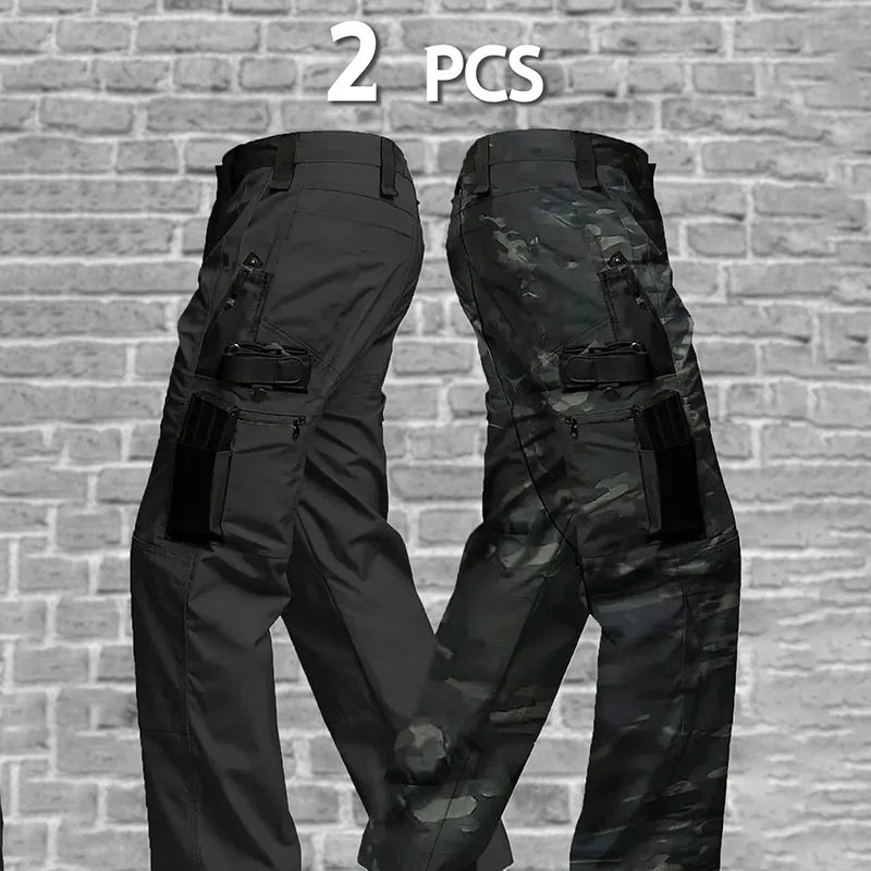 2Pcs Men Tactical Pants Multiple Pockets Training Pants Camo Work Pants Outdoor Sports Trousers Pants