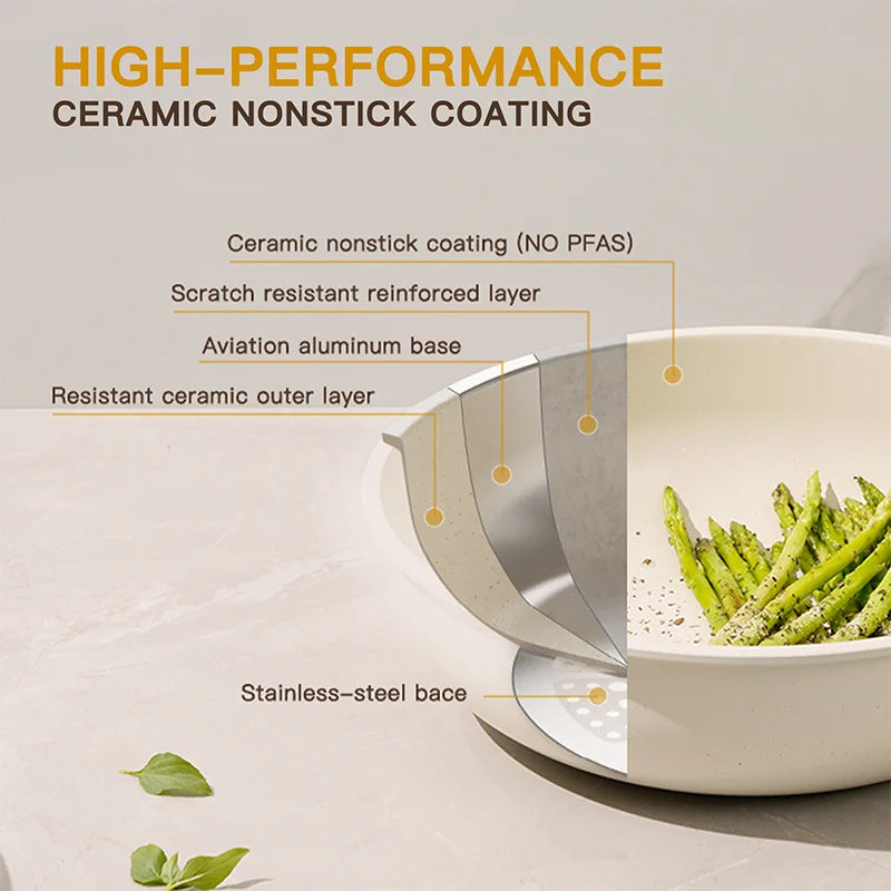 21 Piece Pots and Pans Set Non-Stick Astercook Ceramic Cookware with Sensor Handles Milky White