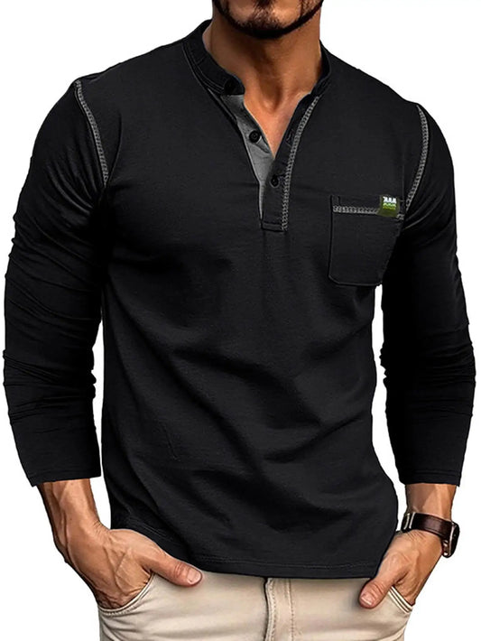 Men's Long Sleeve Color Block Knit T-Shirt with Patch Pocket