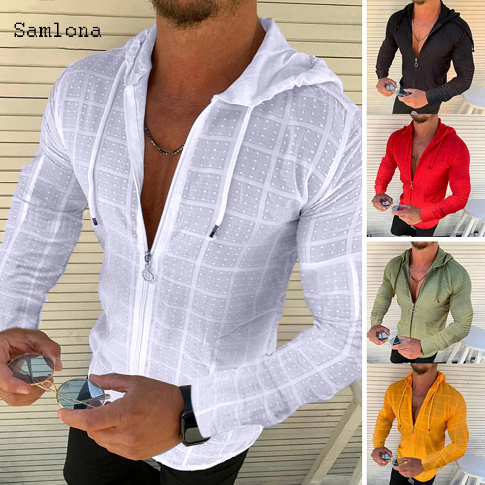 Mens Hooded Zip Tee Shirt With Plaid Print Casual Top