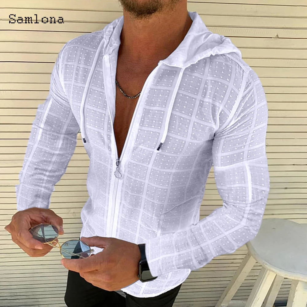 Mens Hooded Zip Tee Shirt With Plaid Print Casual Top