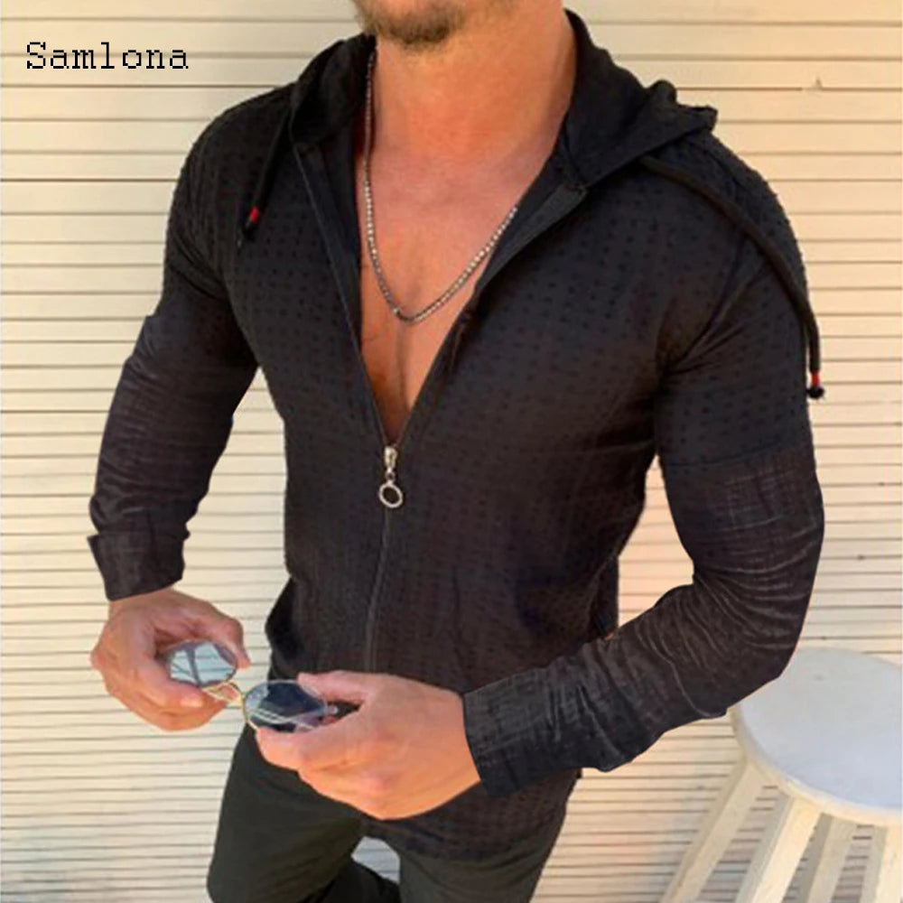 Mens Hooded Zip Tee Shirt With Plaid Print Casual Top