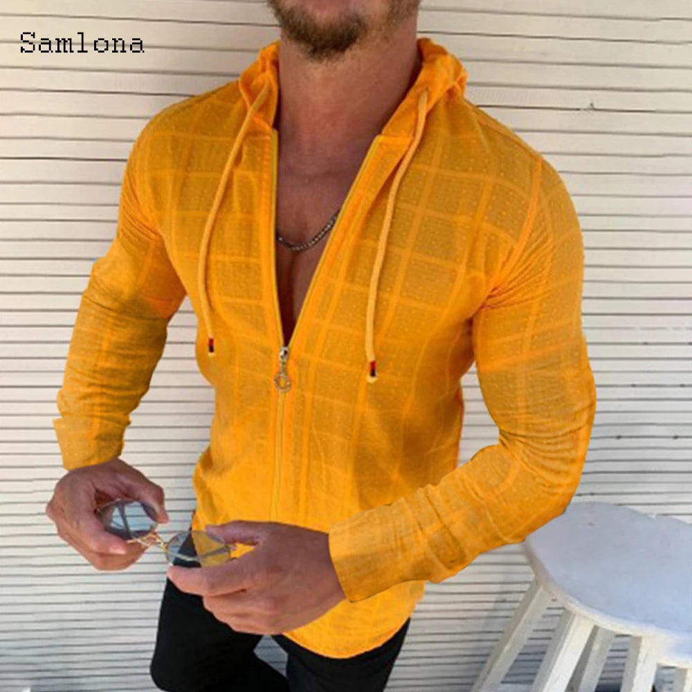 Mens Hooded Zip Tee Shirt With Plaid Print Casual Top
