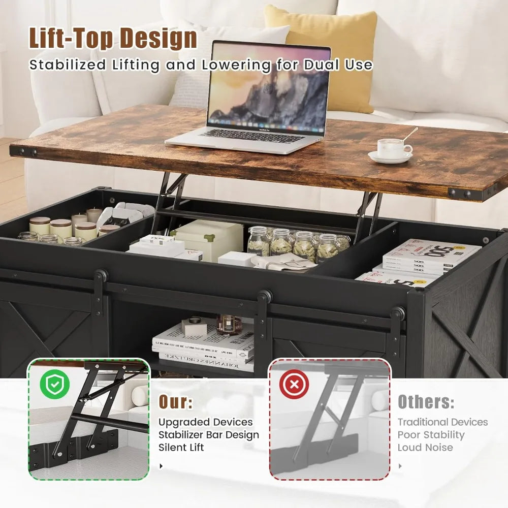 48 Farmhouse Lift Top Coffee Table with Storage Sliding Barn Door and Hidden Compartment