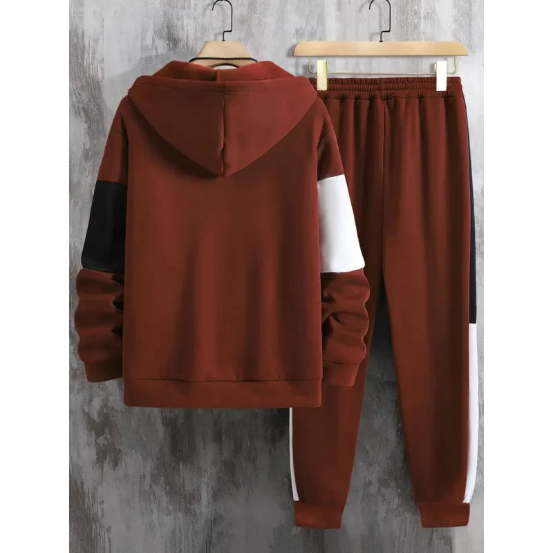Men's Contrast Color Hooded Jacket and Drawstring Pants Set