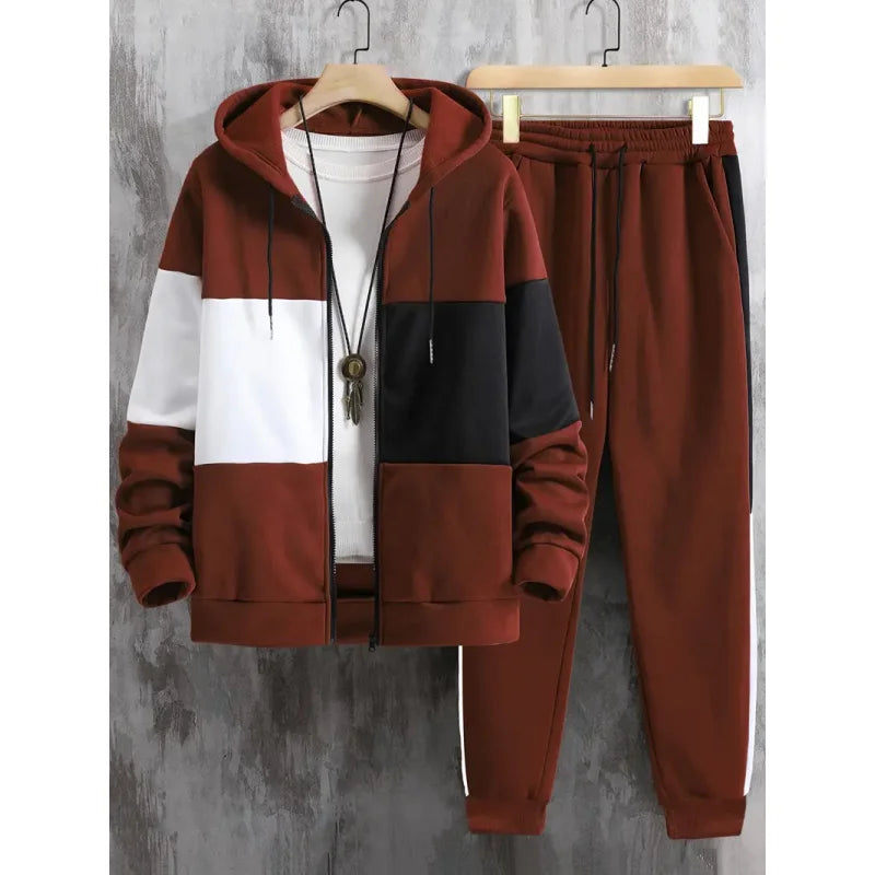 Men's Contrast Color Hooded Jacket and Drawstring Pants Set