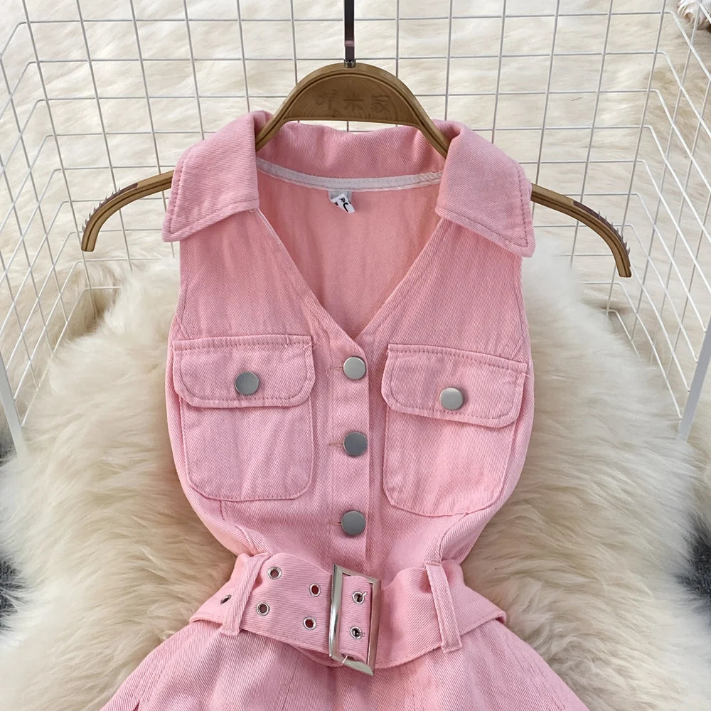 Youth Denim Dress V Neck With Belt Pleated Girls Style
